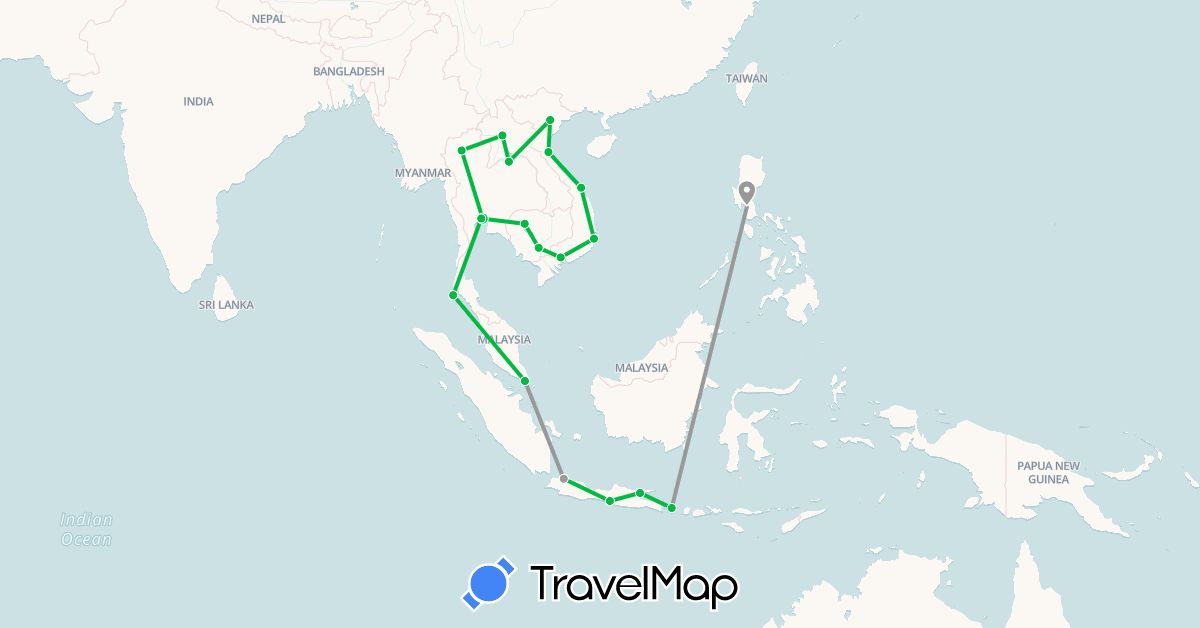 TravelMap itinerary: bus, plane in Indonesia, Cambodia, Laos, Philippines, Singapore, Thailand, Vietnam (Asia)